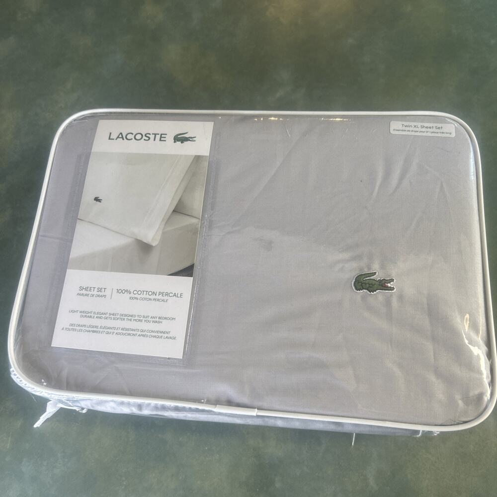 Lacoste 100% Cotton Percale Sheet Set Twin XL Light Grey Gray Solid Bedding NEW